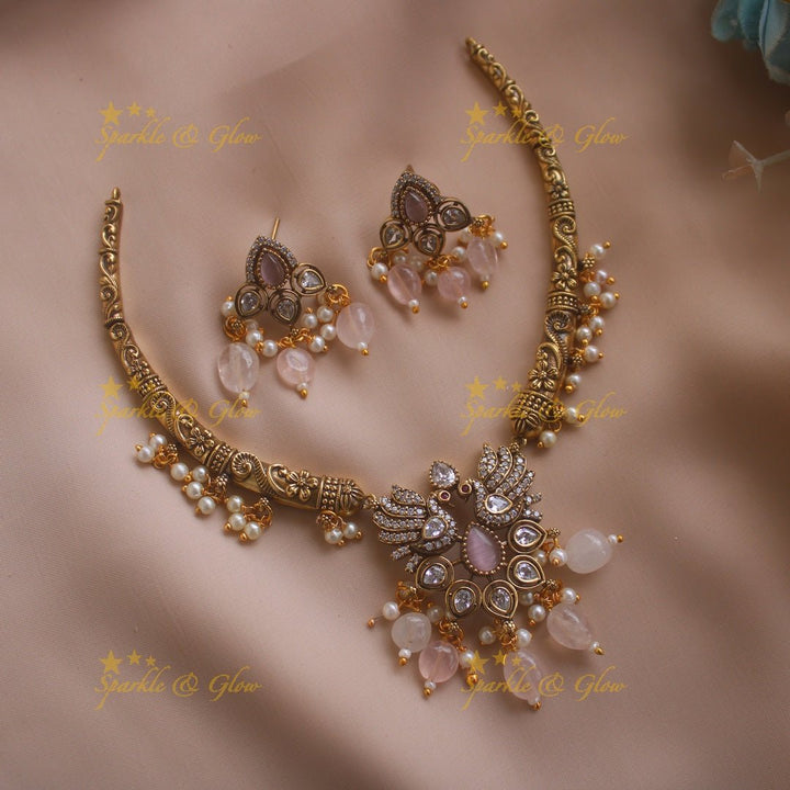 Statement Peacock Floral design victorian AD short necklace with pearls and green beads - Sparkle and Glow - Babypink - Back Thread