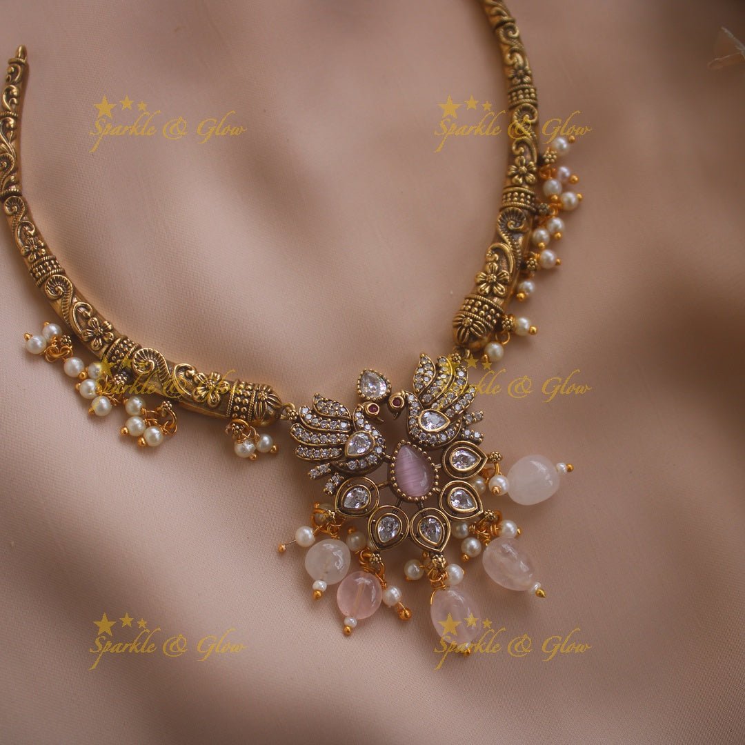 Statement Peacock Floral design victorian AD short necklace with pearls and green beads - Sparkle and Glow - Purple - Back Thread