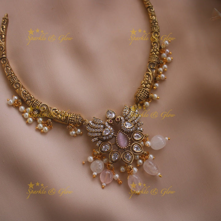 Statement Peacock Floral design victorian AD short necklace with pearls and green beads - Sparkle and Glow - Purple - Back Thread