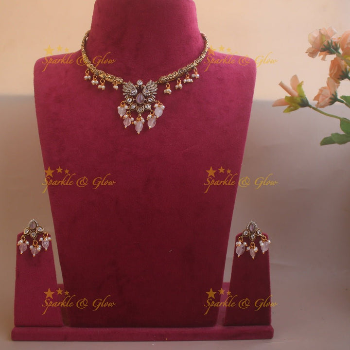 Statement Peacock Floral design victorian AD short necklace with pearls and green beads - Sparkle and Glow - Purple - Back Thread