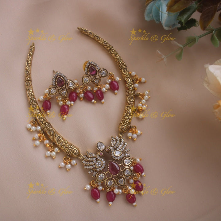 Statement Peacock Floral design victorian AD short necklace with pearls and green beads - Sparkle and Glow - Red - Back Thread