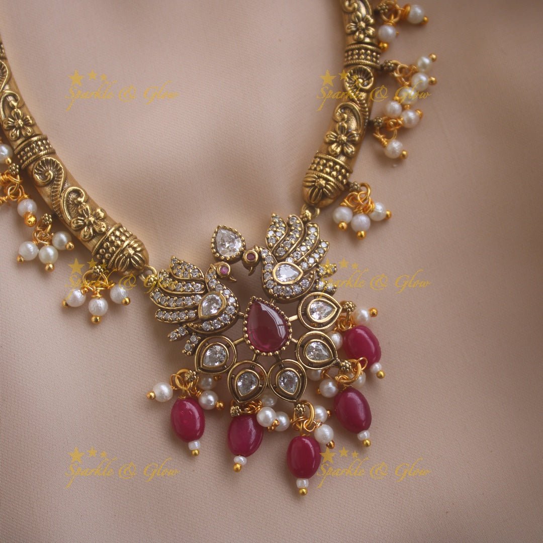 Statement Peacock Floral design victorian AD short necklace with pearls and green beads - Sparkle and Glow - Purple - Back Thread