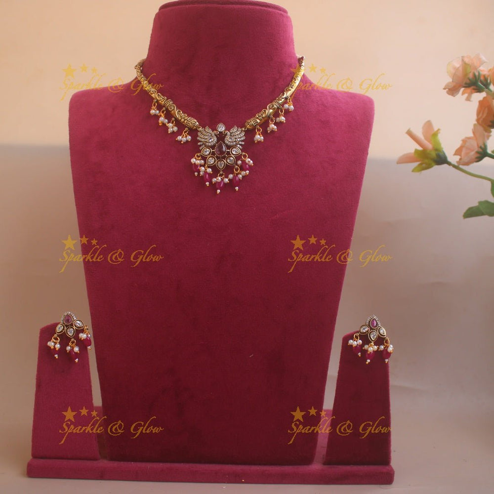 Statement Peacock Floral design victorian AD short necklace with pearls and green beads - Sparkle and Glow - Green - Back Thread