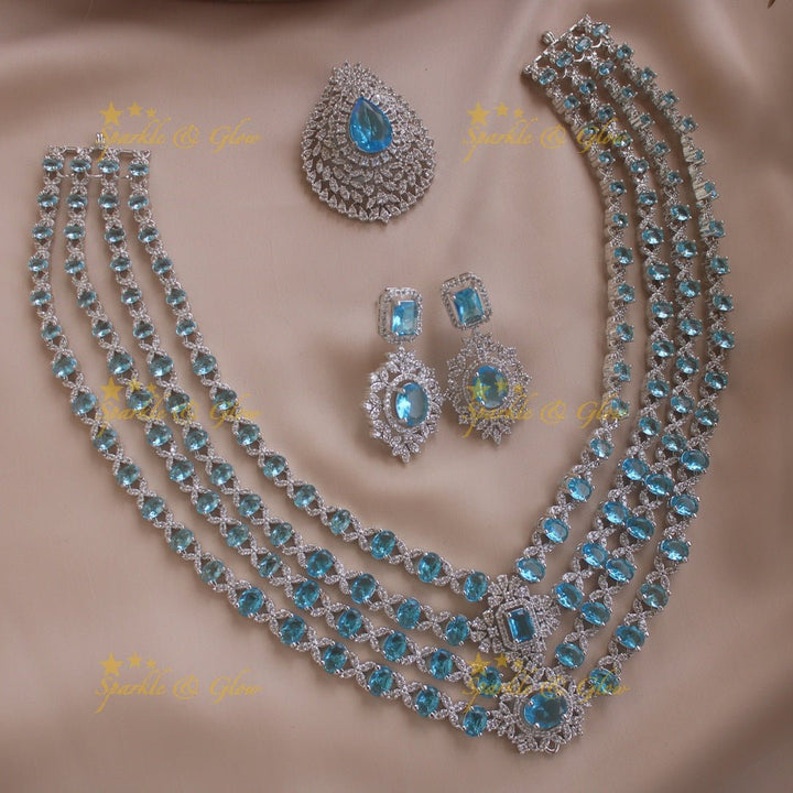 Glittering Floral pandent American diamond multi layer short necklace with blue stones - Sparkle and Glow - Babypibk - Back Thread