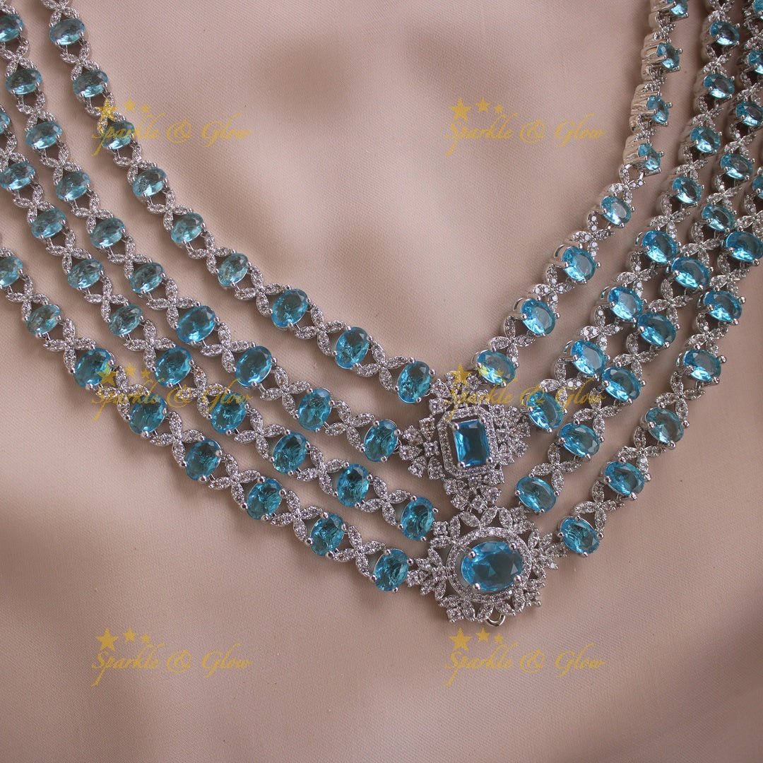 Glittering Floral pandent American diamond multi layer short necklace with blue stones - Sparkle and Glow - Green - Back Thread