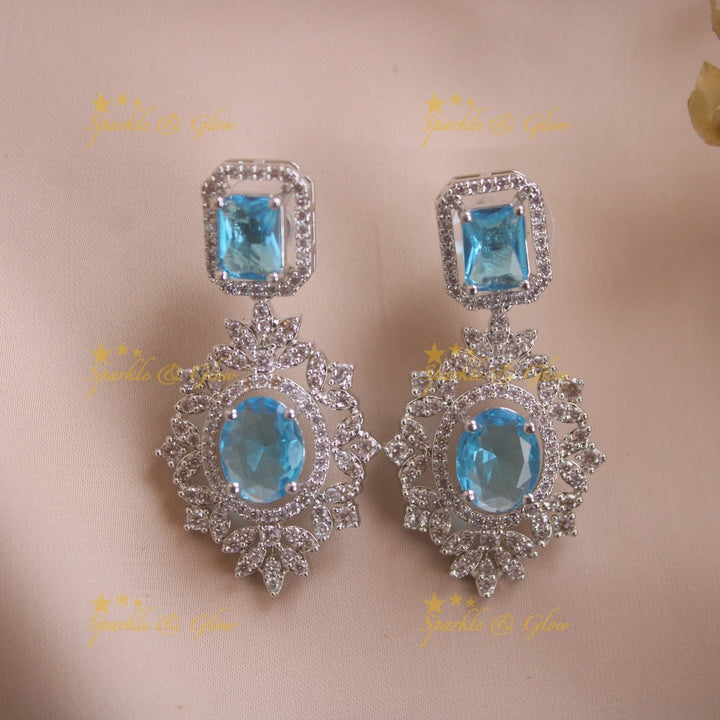 Glittering Floral pandent American diamond multi layer short necklace with blue stones - Sparkle and Glow - Blue - Back Thread