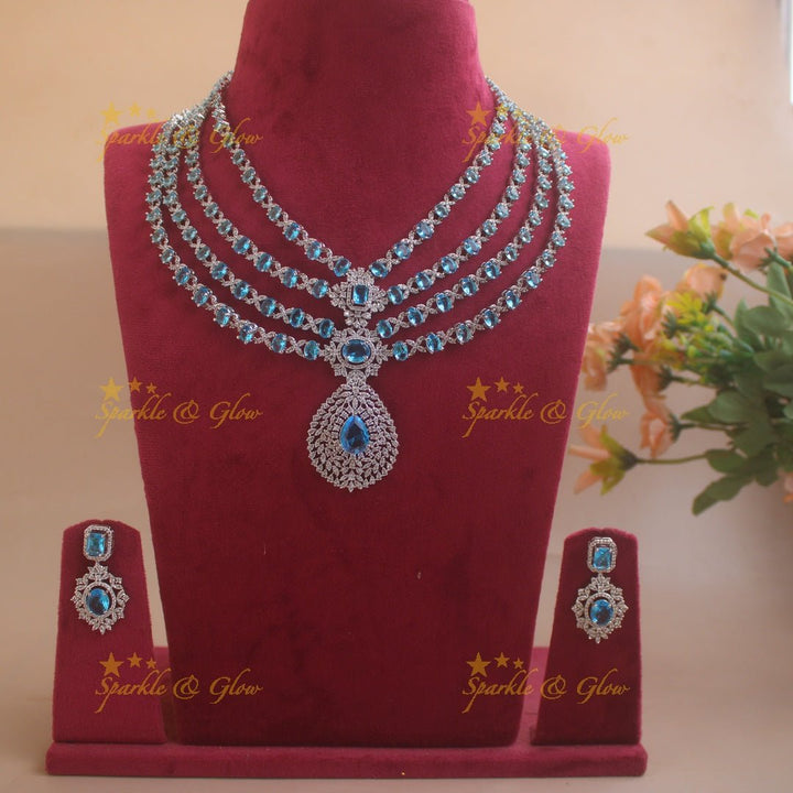 Glittering Floral pandent American diamond multi layer short necklace with blue stones - Sparkle and Glow - Green - Back Thread