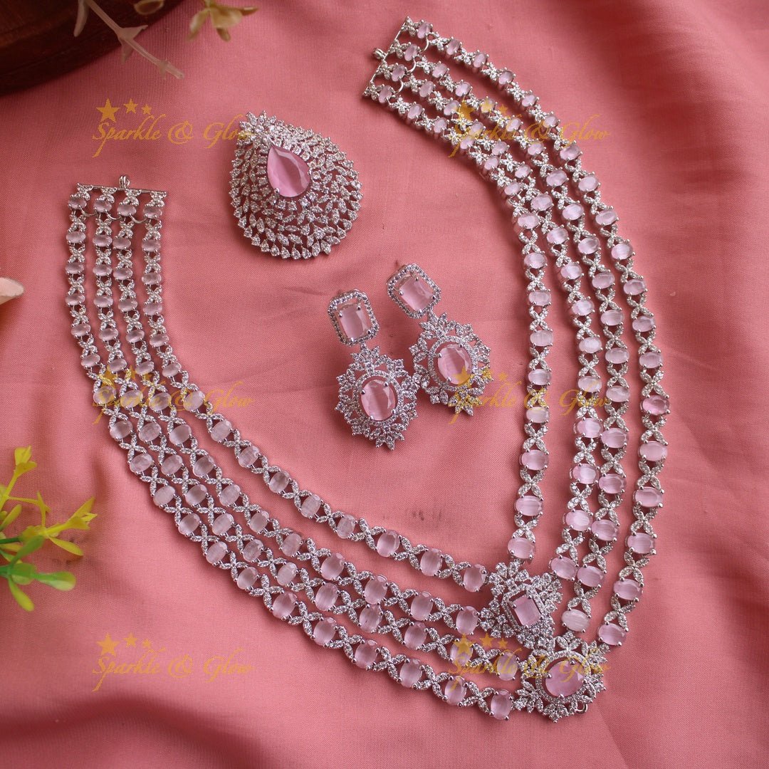 Glittering Floral pandent American diamond multi layer short necklace with blue stones - Sparkle and Glow - Green - Back Thread