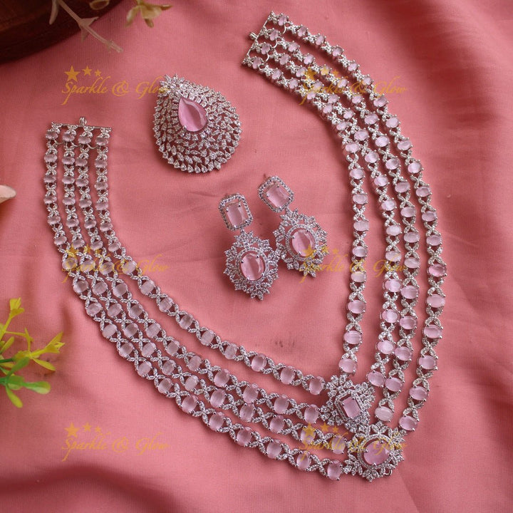 Glittering Floral pandent American diamond multi layer short necklace with blue stones - Sparkle and Glow - Green - Back Thread