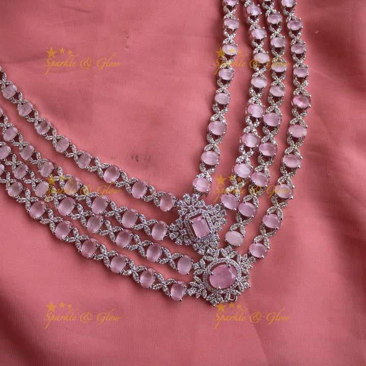 Glittering Floral pandent American diamond multi layer short necklace with blue stones - Sparkle and Glow - Purple - Back Thread