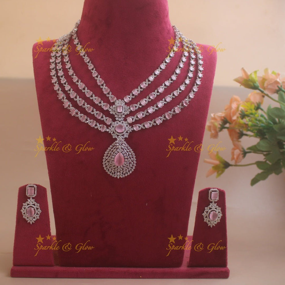 Glittering Floral pandent American diamond multi layer short necklace with blue stones - Sparkle and Glow - Green - Back Thread