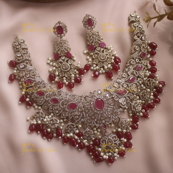 Grand intricate Floral Leaf design victorian AD short necklace with ruby stones pearls and maroon beads