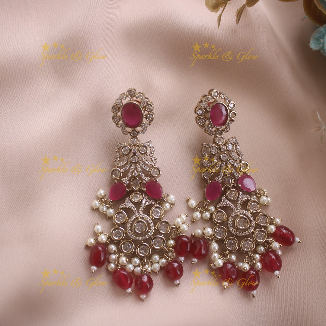 Grand intricate Floral Leaf design victorian AD short necklace with ruby stones pearls and maroon beads