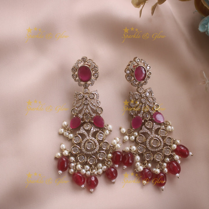 Grand intricate Floral Leaf design victorian AD short necklace with ruby stones pearls and maroon beads