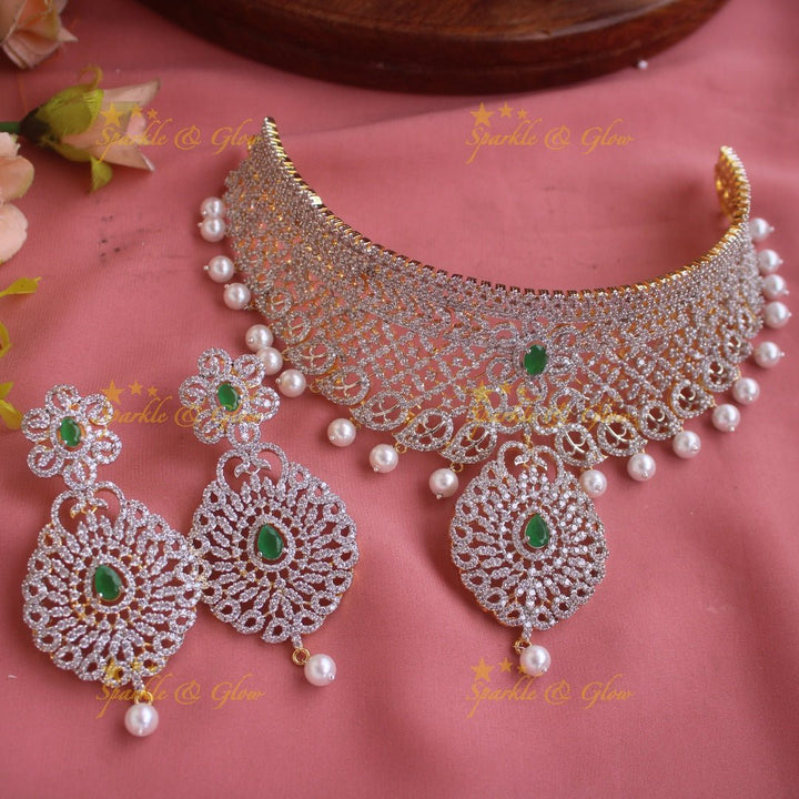 Grand Floral leaf design American diamond choker with emerald stones and pearl drops - green - Sparkle and Glow - Green - Back Thread