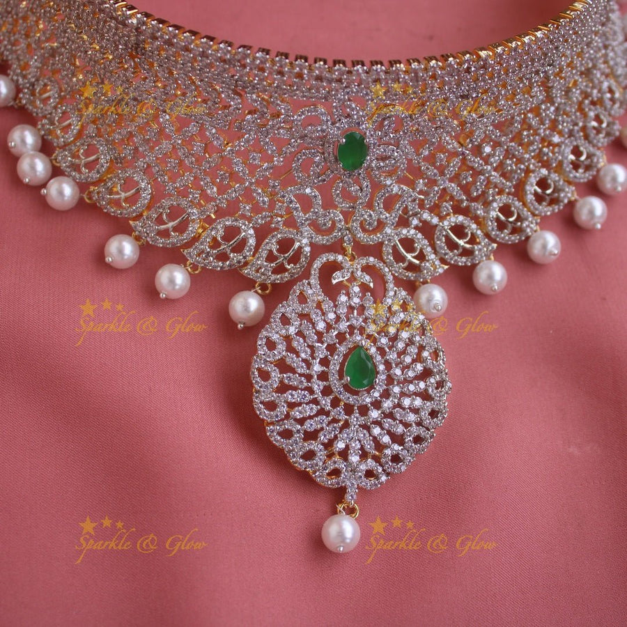 Grand Floral leaf design American diamond choker with emerald stones and pearl drops - green - Sparkle and Glow - Pink - Back Thread
