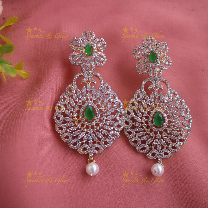 Grand Floral leaf design American diamond choker with emerald stones and pearl drops - green - Sparkle and Glow - Pink - Back Thread