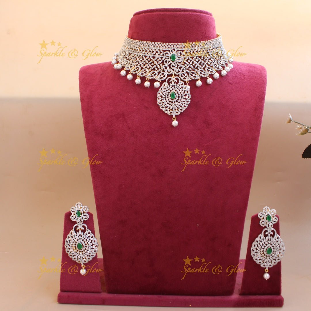 Grand Floral leaf design American diamond choker with emerald stones and pearl drops - green - Sparkle and Glow - Pink - Back Thread