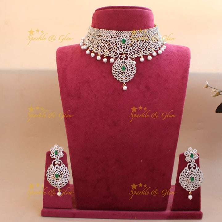 Grand Floral leaf design American diamond choker with emerald stones and pearl drops - green - Sparkle and Glow - Pink - Back Thread