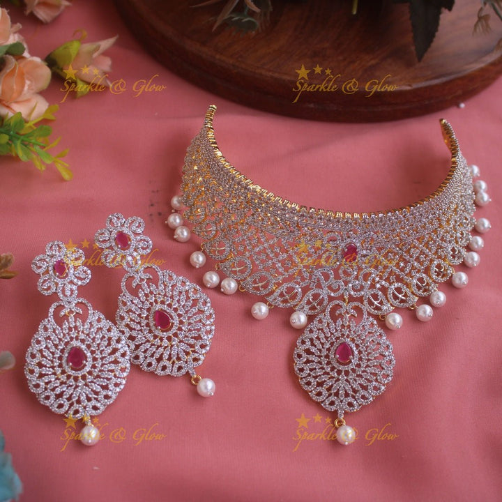 Grand Floral leaf design American diamond choker with emerald stones and pearl drops - green - Sparkle and Glow - Pink - Back Thread