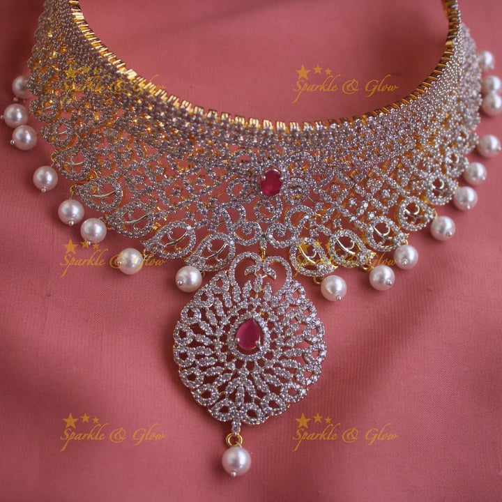 Grand Floral leaf design American diamond choker with emerald stones and pearl drops - green - Sparkle and Glow - Pink - Back Thread