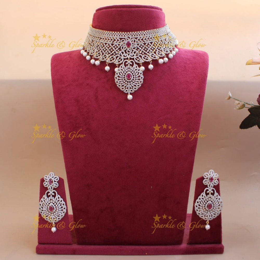 Grand Floral leaf design American diamond choker with emerald stones and pearl drops - green - Sparkle and Glow - Pink - Back Thread