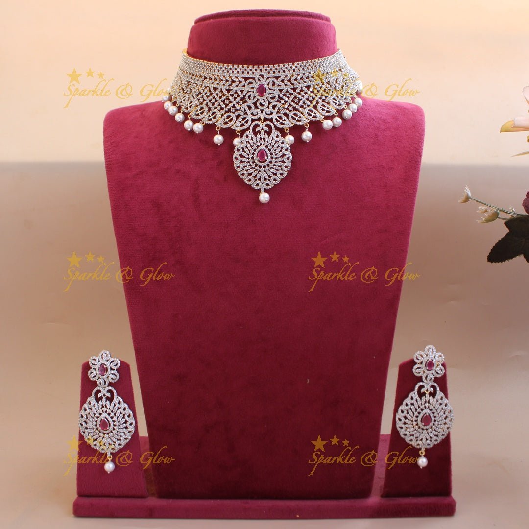 Grand Floral leaf design American diamond choker with emerald stones and pearl drops - green - Sparkle and Glow - Pink - Back Thread
