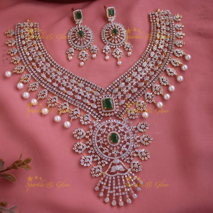 Gorgeous Floral leaf design American diamond short necklace with emerald and pearl drops - green - Sparkle and Glow - Green - Back Thread