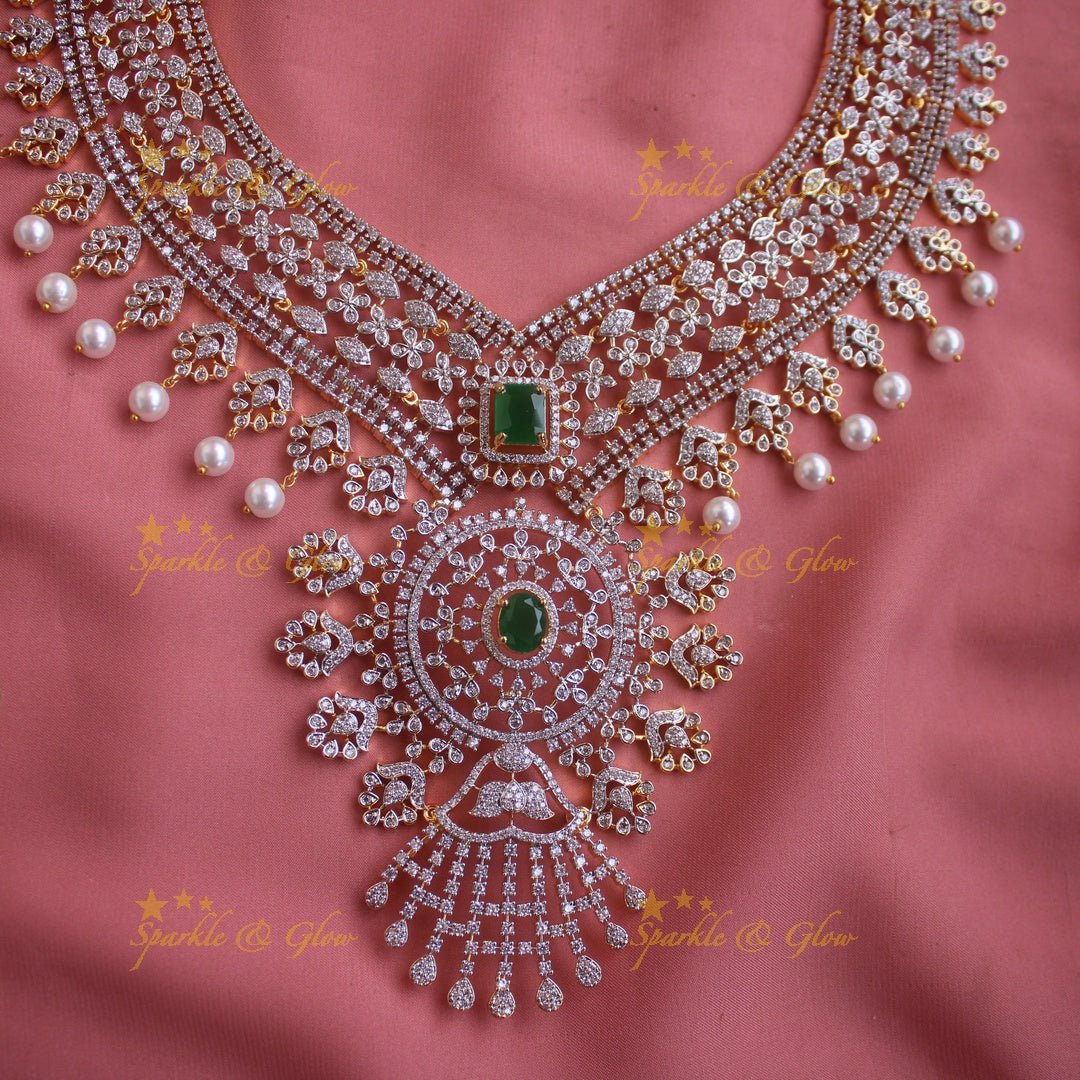 Gorgeous Floral leaf design American diamond short necklace with emerald and pearl drops - green - Sparkle and Glow - Pink - Back Thread