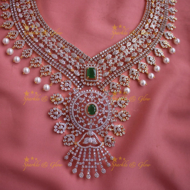 Gorgeous Floral leaf design American diamond short necklace with emerald and pearl drops - green - Sparkle and Glow - Pink - Back Thread
