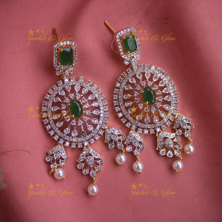 Gorgeous Floral leaf design American diamond short necklace with emerald and pearl drops - green - Sparkle and Glow - Pink - Back Thread