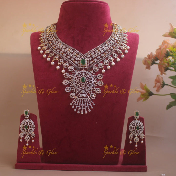 Gorgeous Floral leaf design American diamond short necklace with emerald and pearl drops - green - Sparkle and Glow - Green - Back Thread