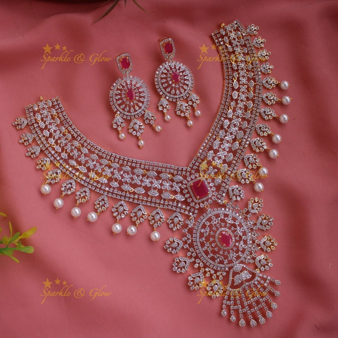 Gorgeous Floral leaf design American diamond short necklace with emerald and pearl drops - green - Sparkle and Glow - Pink - Back Thread
