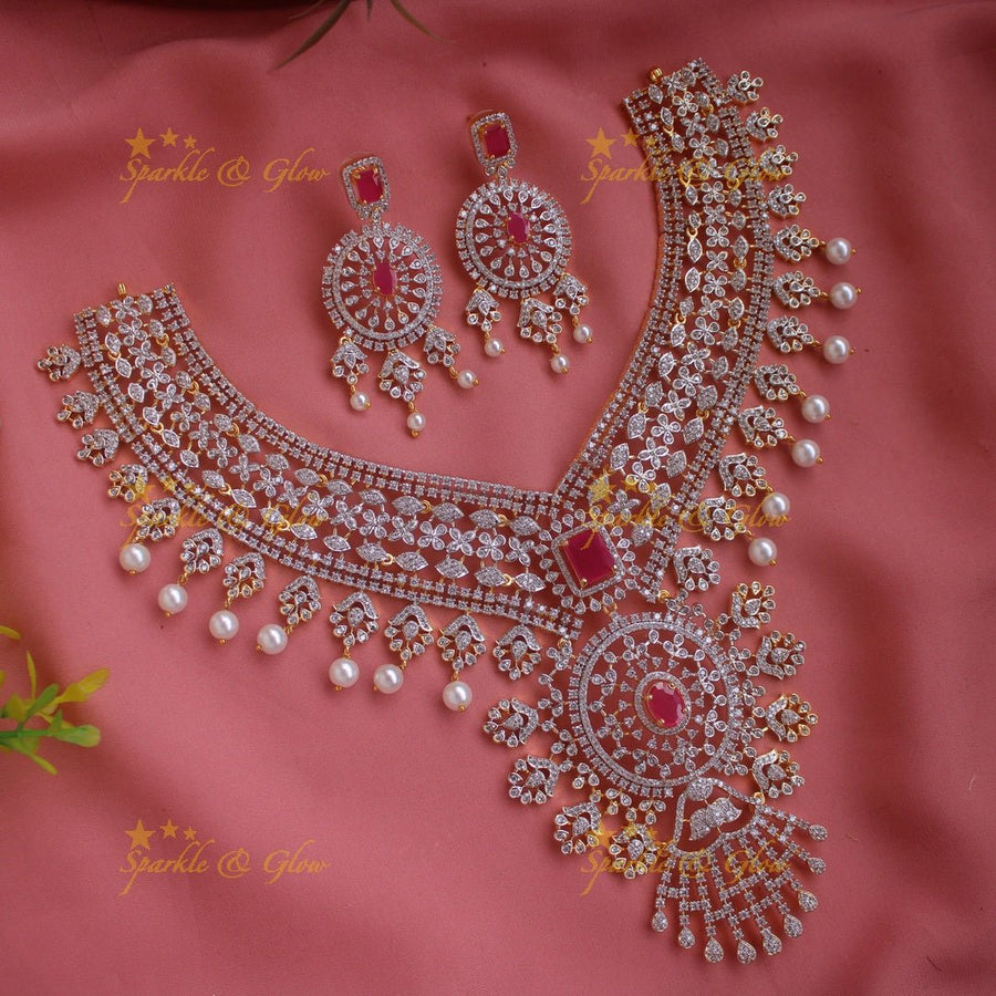 Gorgeous Floral leaf design American diamond short necklace with emerald and pearl drops - green - Sparkle and Glow - Pink - Back Thread