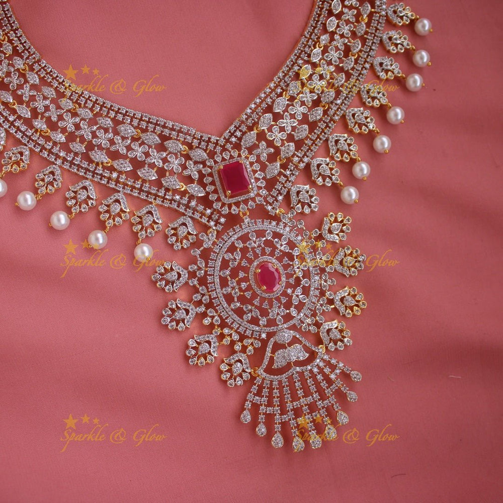 Gorgeous Floral leaf design American diamond short necklace with emerald and pearl drops - green - Sparkle and Glow - Pink - Back Thread