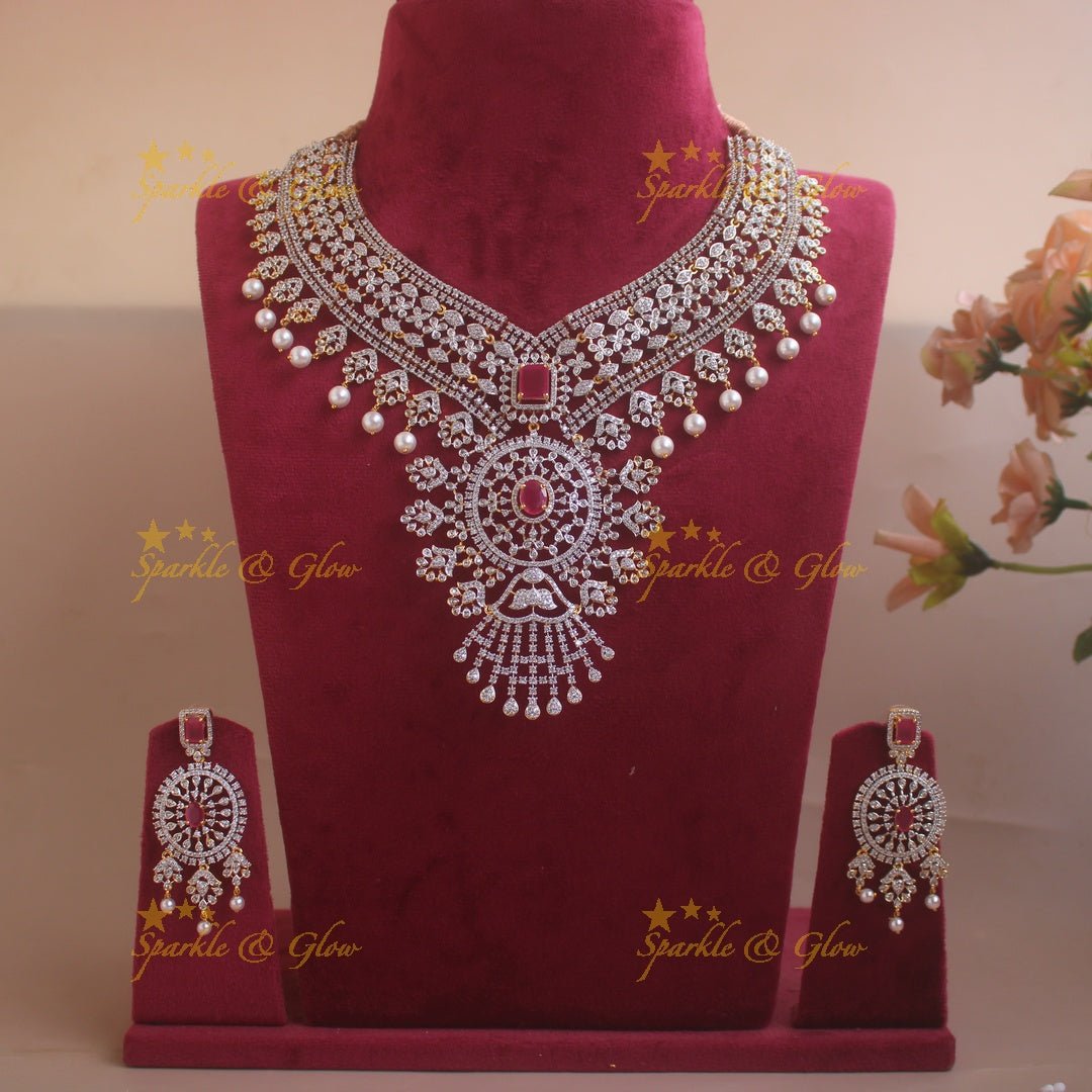 Gorgeous Floral leaf design American diamond short necklace with emerald and pearl drops - green - Sparkle and Glow - Pink - Back Thread