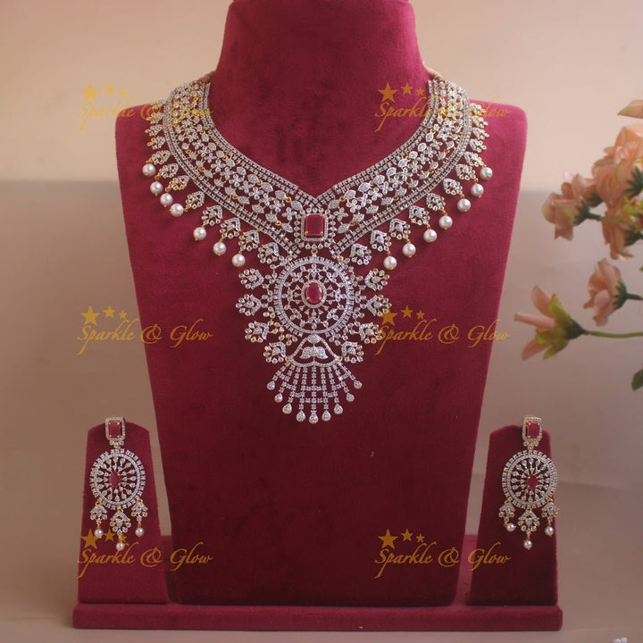 Gorgeous Floral leaf design American diamond short necklace with emerald and pearl drops - green - Sparkle and Glow - Pink - Back Thread