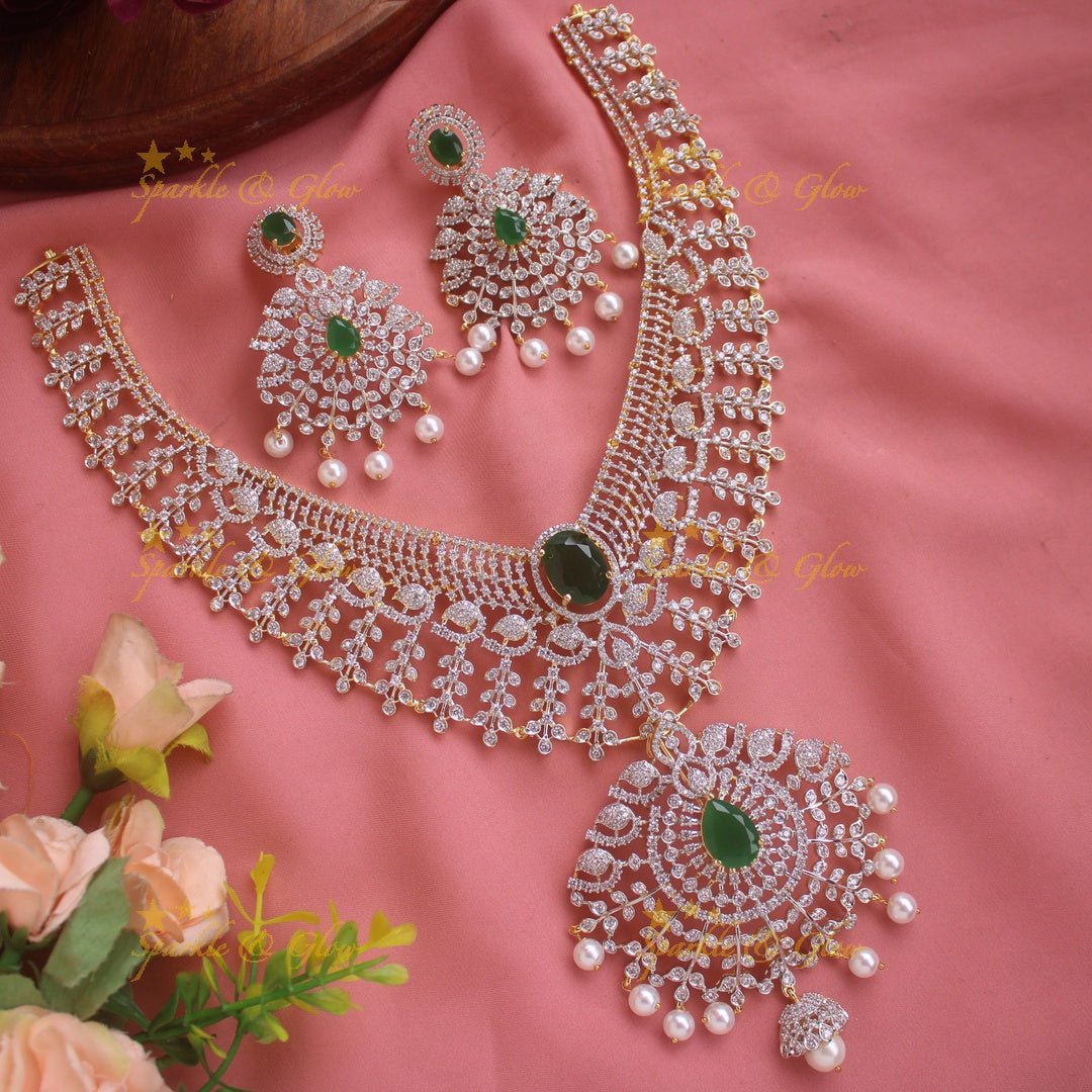 Stunning Leaflet design American diamond short necklace with emerald and pearl drops - green - Sparkle and Glow - Green - Back Thread