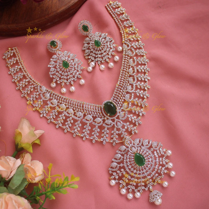 Stunning Leaflet design American diamond short necklace with emerald and pearl drops - green - Sparkle and Glow - Green - Back Thread