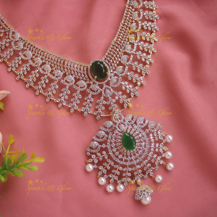 Stunning Leaflet design American diamond short necklace with emerald and pearl drops - green - Sparkle and Glow - Pink - Back Thread