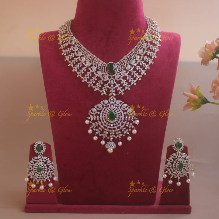 Stunning Leaflet design American diamond short necklace with emerald and pearl drops - green - Sparkle and Glow - Pink - Back Thread