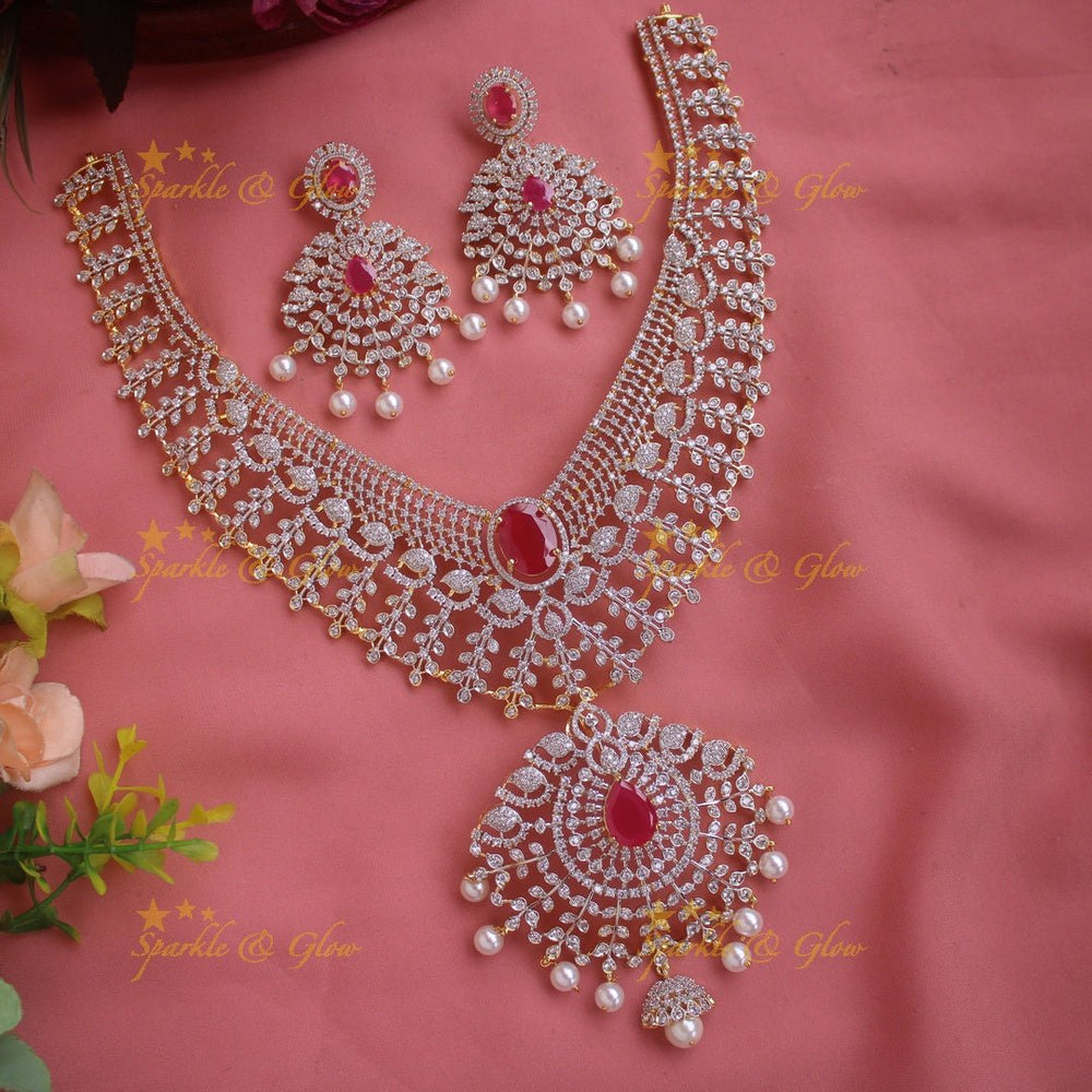Stunning Leaflet design American diamond short necklace with emerald and pearl drops - green - Sparkle and Glow - Pink - Back Thread