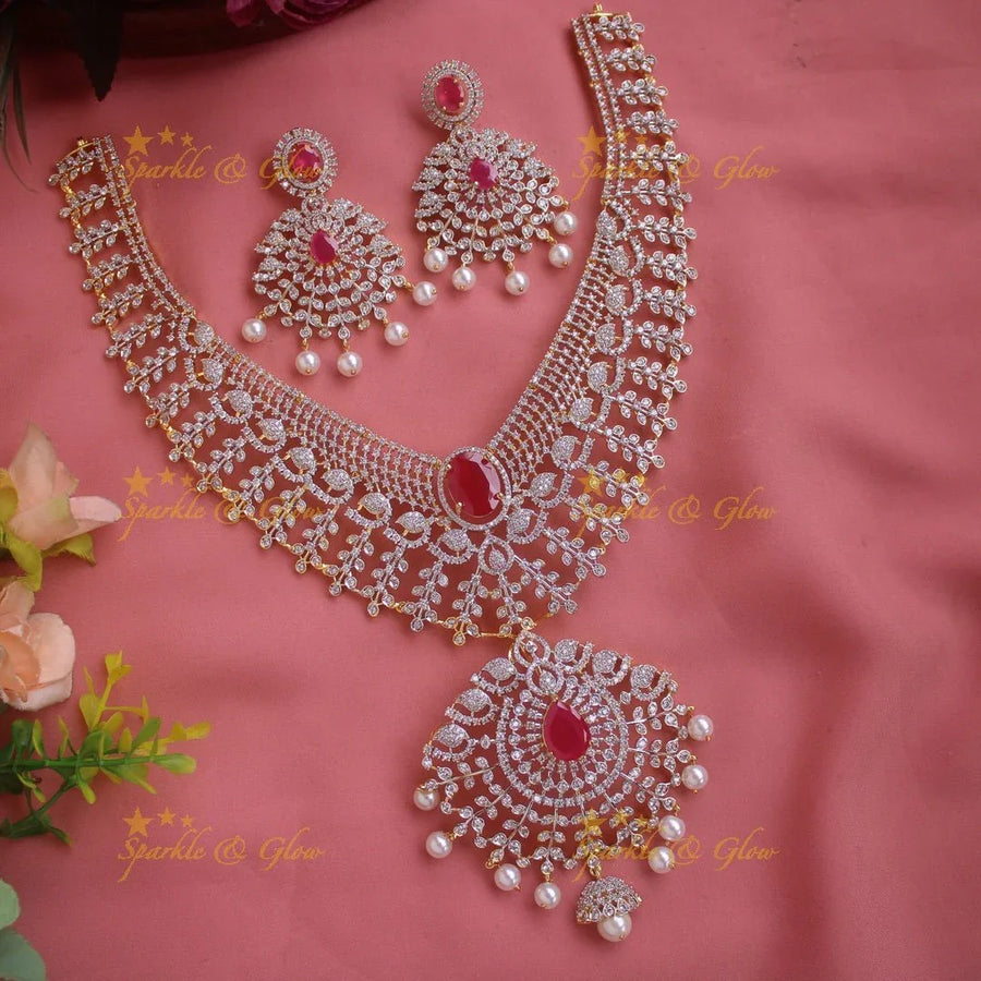 Stunning Leaflet design American diamond short necklace with emerald and pearl drops - green - Sparkle and Glow