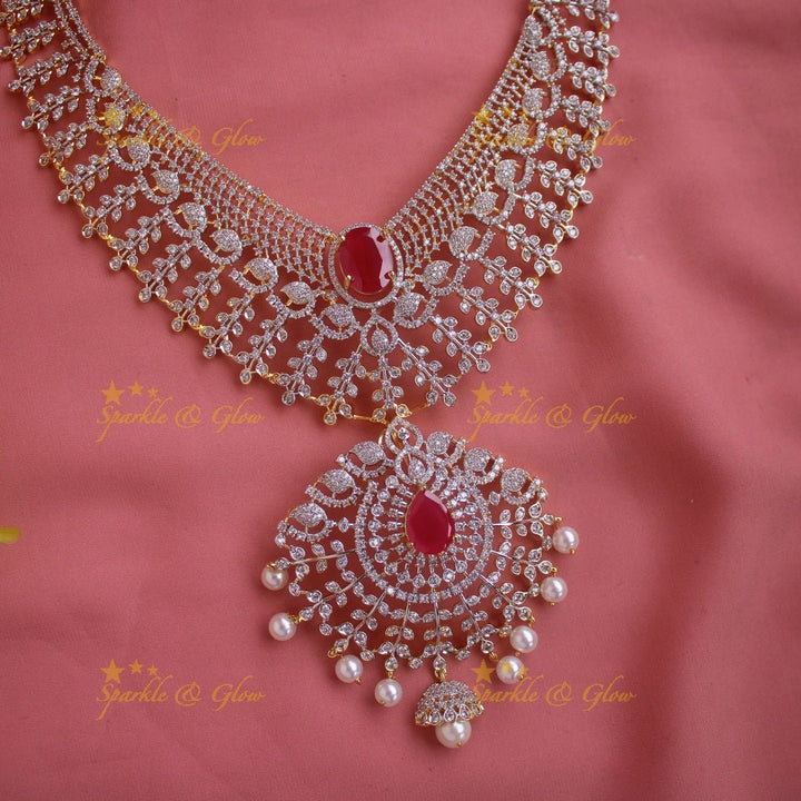 Stunning Leaflet design American diamond short necklace with emerald and pearl drops - green - Sparkle and Glow - Pink - Back Thread