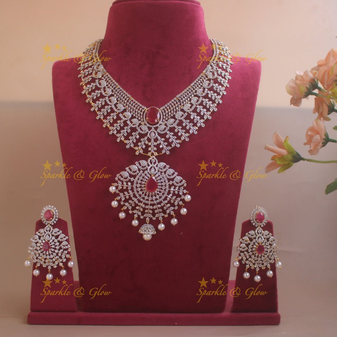 Stunning Leaflet design American diamond short necklace with emerald and pearl drops - green - Sparkle and Glow - Pink - Back Thread