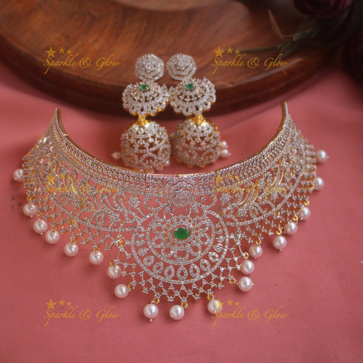Sparkling Floral and branch design American diamond choker with emerald stones and pearl drops - green - Sparkle and Glow - Pink - Back Thread
