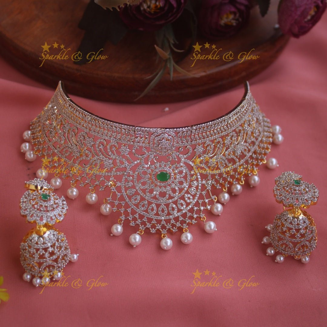 Sparkling Floral and branch design American diamond choker with emerald stones and pearl drops - green - Sparkle and Glow - Pink - Back Thread