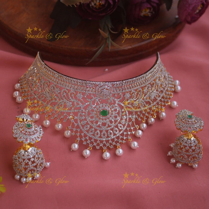 Sparkling Floral and branch design American diamond choker with emerald stones and pearl drops - green - Sparkle and Glow - Pink - Back Thread