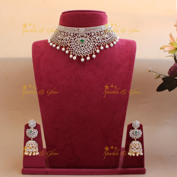 Sparkling Floral and branch design American diamond choker with emerald stones and pearl drops - green - Sparkle and Glow - Pink - Back Thread