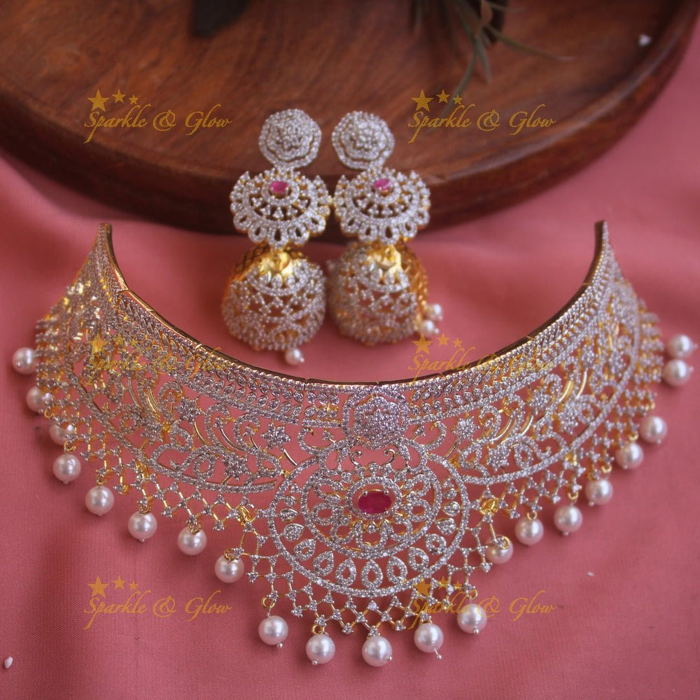 Sparkling Floral and branch design American diamond choker with emerald stones and pearl drops - green - Sparkle and Glow - Pink - Back Thread